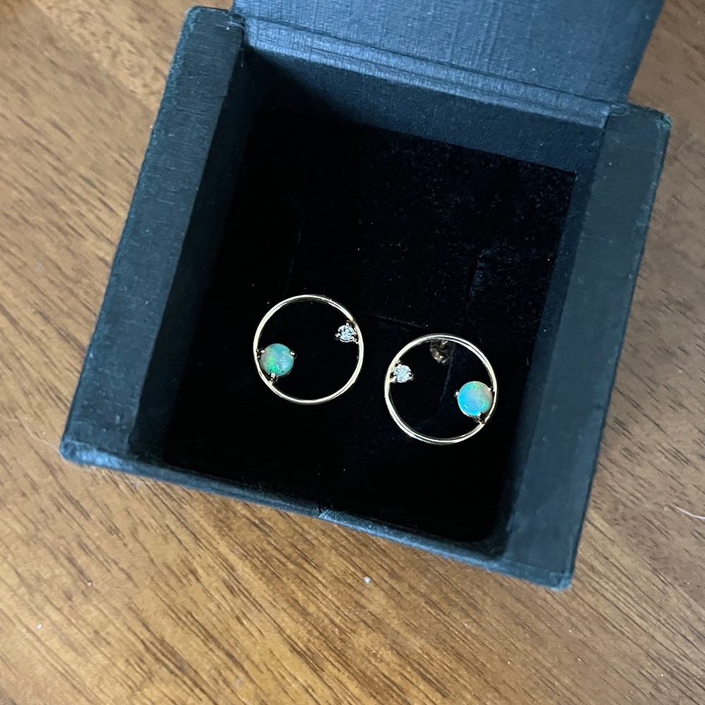 Wwake Diamond and Opal Circle Gold Earrings